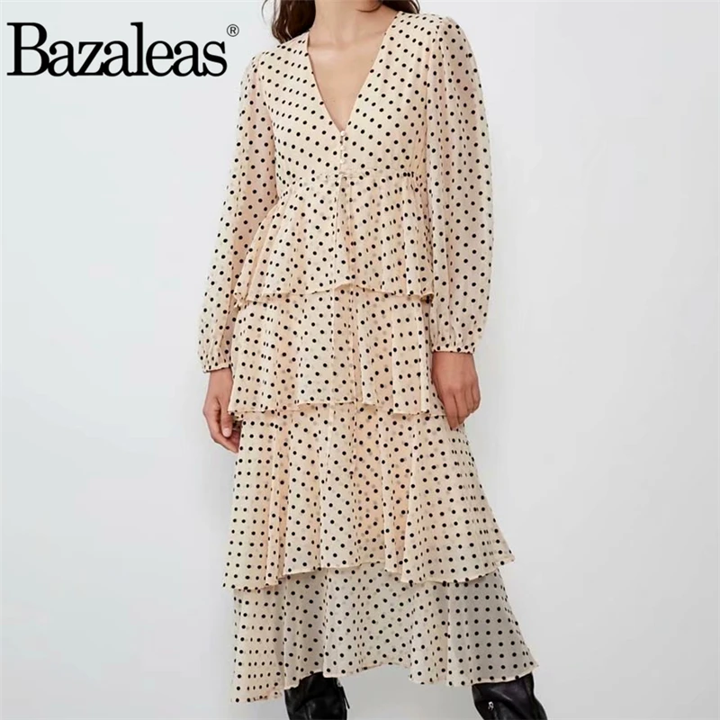 Дропшиппинг женский крем в горошек с принтом оборками для женщин миди