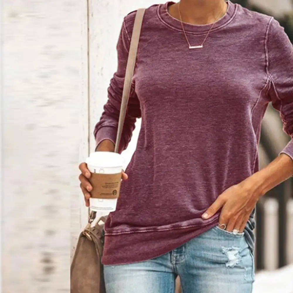 

Loose O Neck Solid Color Casual Women's T Shirt Tops Spring Autumn All Match Pullover Bottoming Shirt Street Trendy Ladies Tee