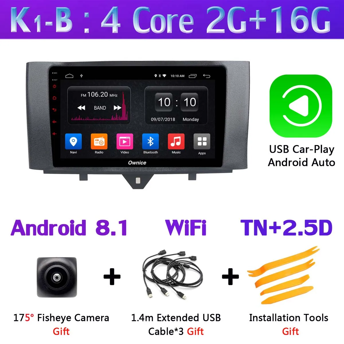 360°4×AHD камера Android 9,0 4G+ 64G gps радио CarPlay SPDIF DSP Автомобильный мультимедийный плеер для Mercedes Benz Smart Fortwo 2011 - Цвет: K1-B-CarPlay