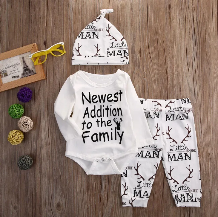 

Dropshiping Newborn Baby Boy Clothes Christmas Family Newest Addition Bodysuit+Pants+Hat Outfit Clothes 3PCS Baby Clothing Set