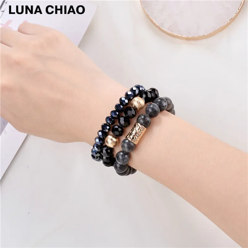 A0836BK LUNA CHIAO модный растягивающийся Комплект браслетов из 6 цветов с кристаллами и бусинами - Окраска металла: A0836BK