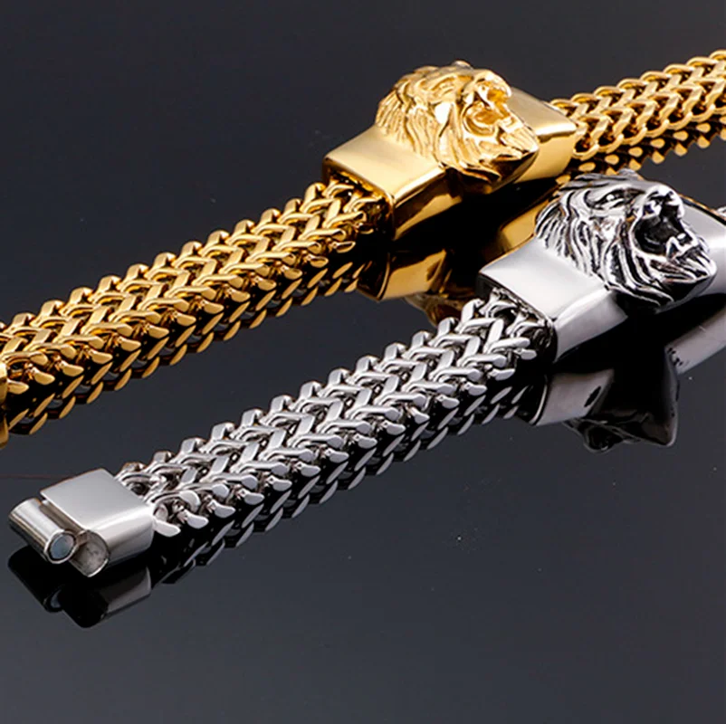 

Fashion Domineering and Personality Stainless Steel Gold Lion King Charm Bracelet Men's Rock Punk Wristband Jewelry Gift