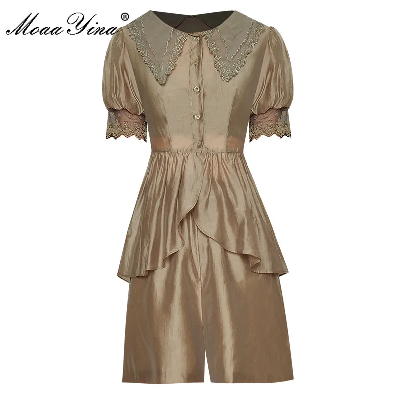 

MoaaYina Fashion Designer Set Summer Women Embroidery Short sleeve Single Breasted Ruffle Blouses and Shorts Two-piece suit