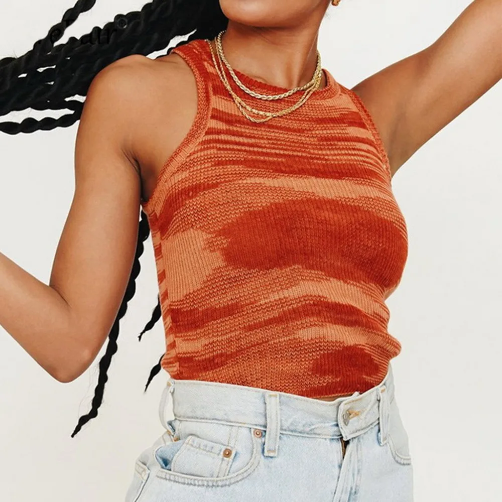 

2021 Summer Knit Crop Top Women Sleeveless Y2K Basic T Shirts Basic T Shirts Casual Bodycon Vest Vintage Green Streetwear