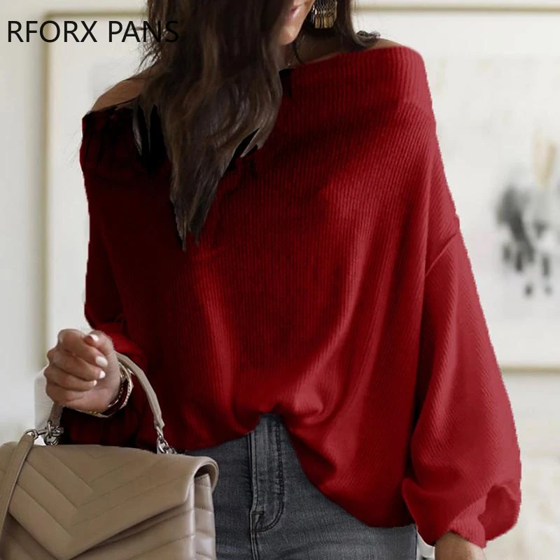 

Off Shoulder Lantern Sleeve Ribbed Blouse