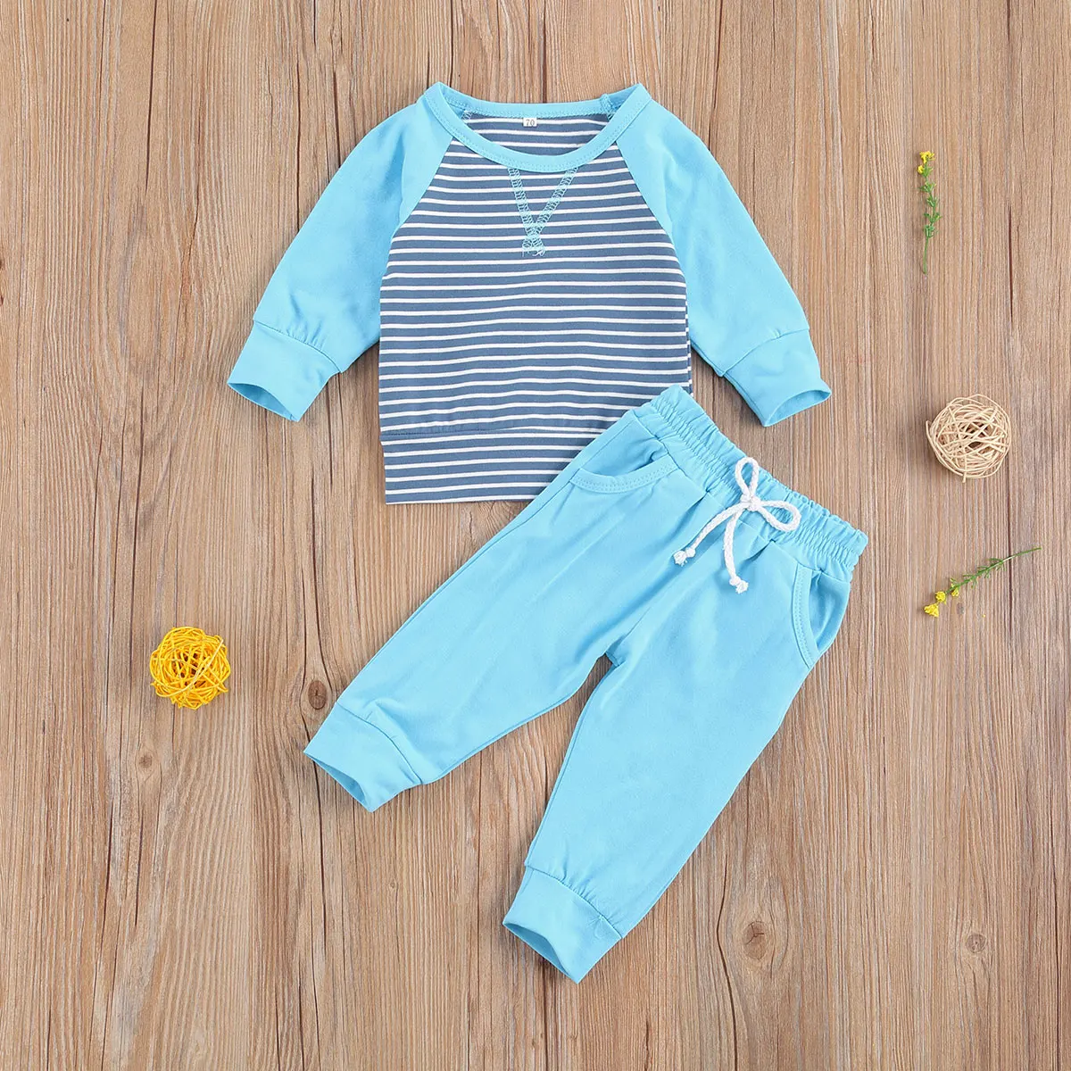 

Infant Baby Boys 0-24M Long Sleeve Long Pants Suit, Round Collar Pocket Two-pieces Set, Stripe Lace-up Outfit