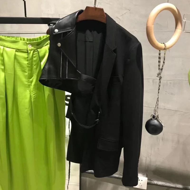 

SHZQ Leather Blazer Ladies Real Leather Spliced Jacket