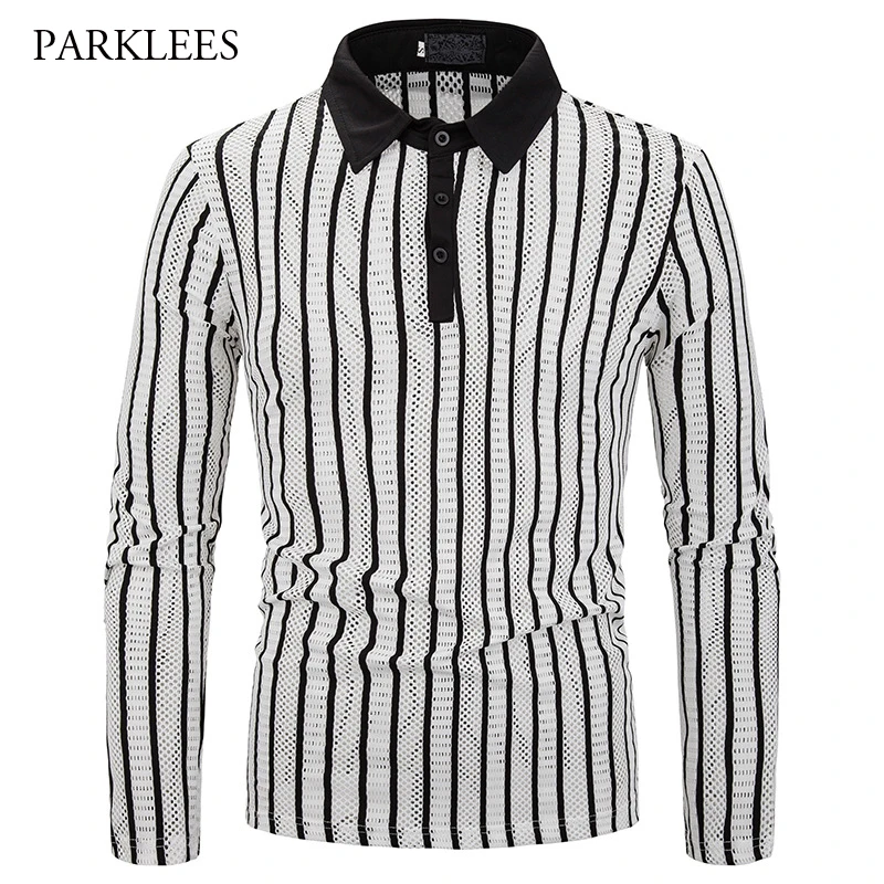 Мужская приталенная рубашка поло с длинным рукавом в полоску|Поло| |
