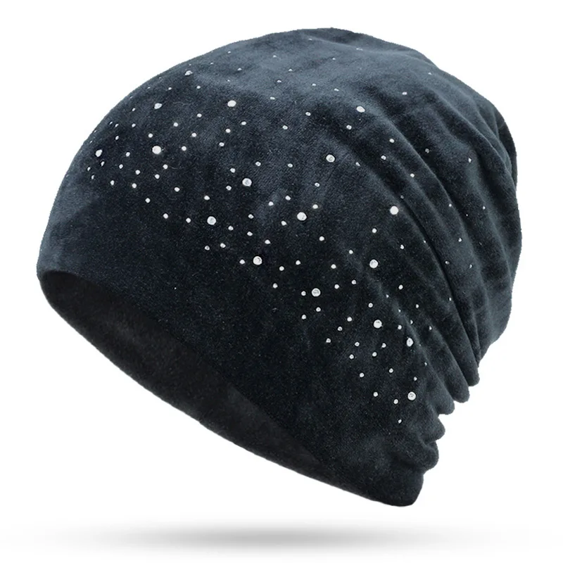 

Autumn Winter Fashion Hats for Women Ladies Shiny Rhinestone Beanie Cap Female Casual Hat Velvet Fabric Soft Cap Skullies Bonnet