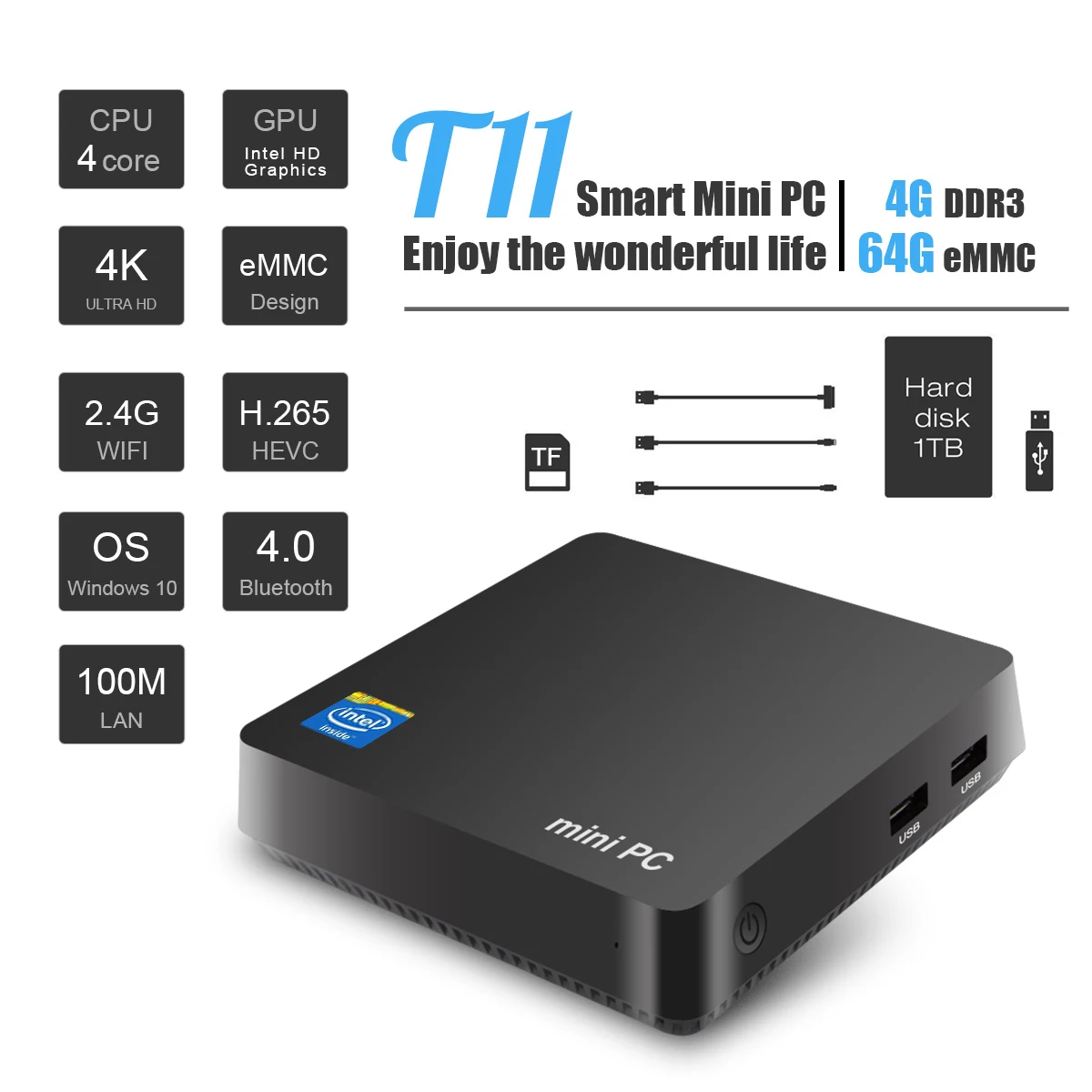T11 Win10 Intel Atom Z8350 1 92 ГГц Linux HDMI VGA USB3.0 2 5 дюймов 4 Гб DDR3 64 HDD безвентиляторный мини ПК