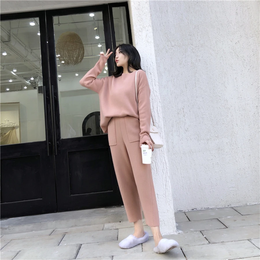 Autumn Winter Knitted Set Women Thick Warm O-Neck Loose Knit Suit Slim Pocket Harem Pants Oversized Casual Elegant Black Clothes
