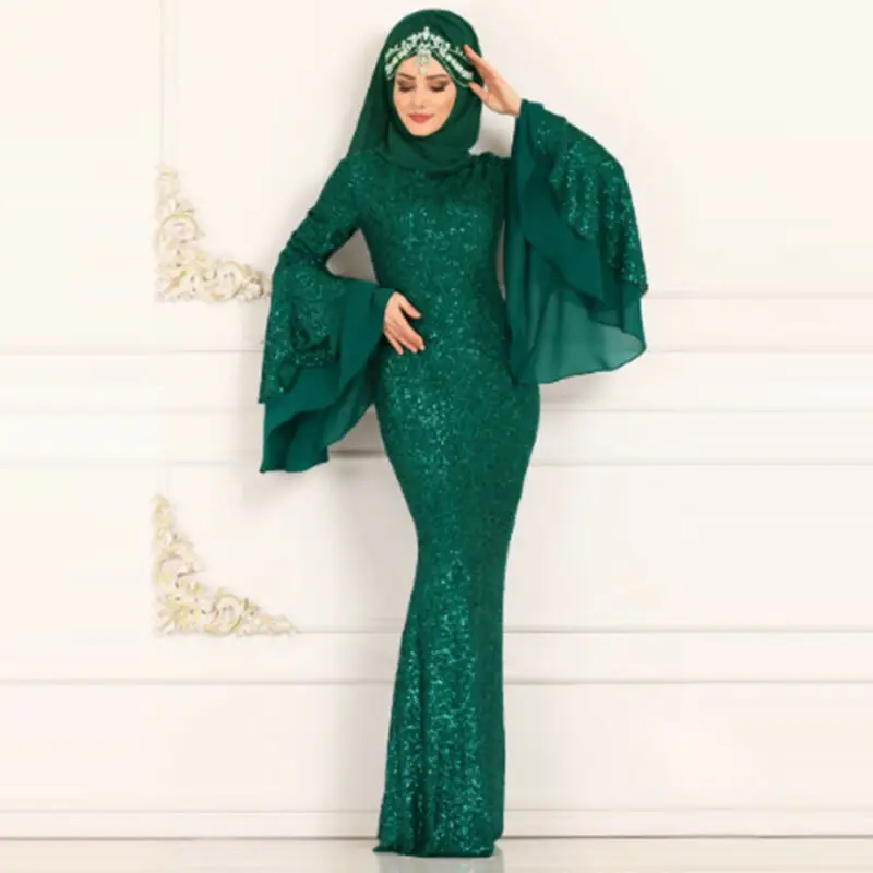 Модное женское Платье макси с блестками и длинным рукавом в мусульманском стиле