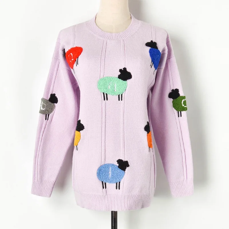 INS Popular Thick Women Sweater with Contrast Color Sheep Pattern Towel Embroidery Lilac Long Sleeves Knitted Pullover | Женская одежда