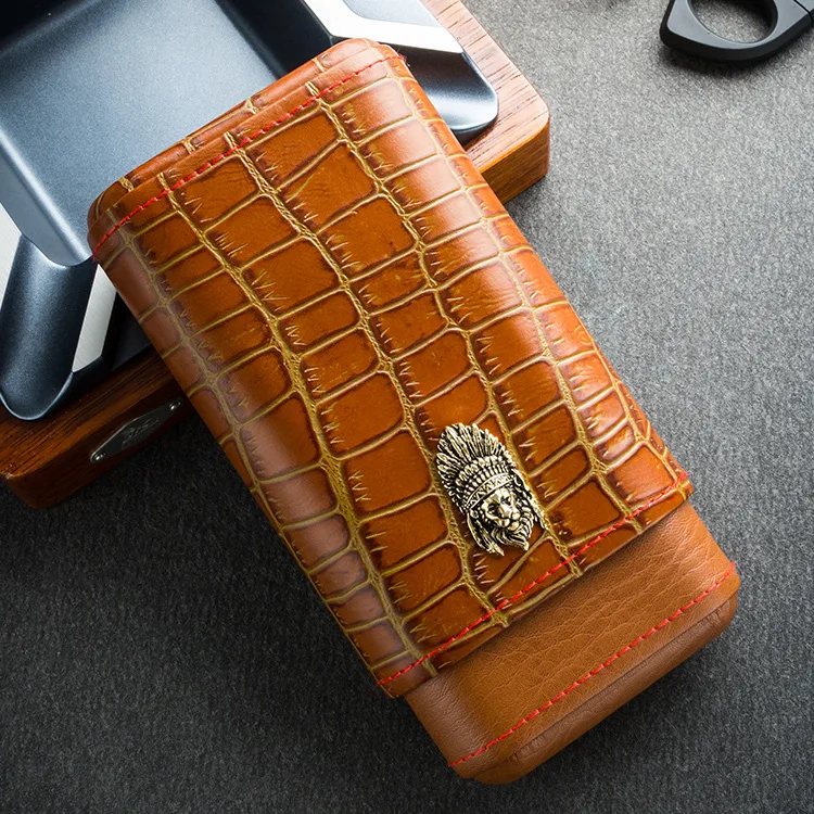 Портативный контейнер для сигар из натуральной кожи с 3 трубками кедровый