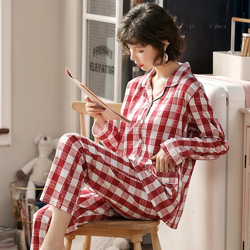 

For Women Loose Casual Home Suit Turn-Down Collar Nightwear Simple Pajama Set Comfort Pijama Mujer Pyjamas Cotton Sleepwear