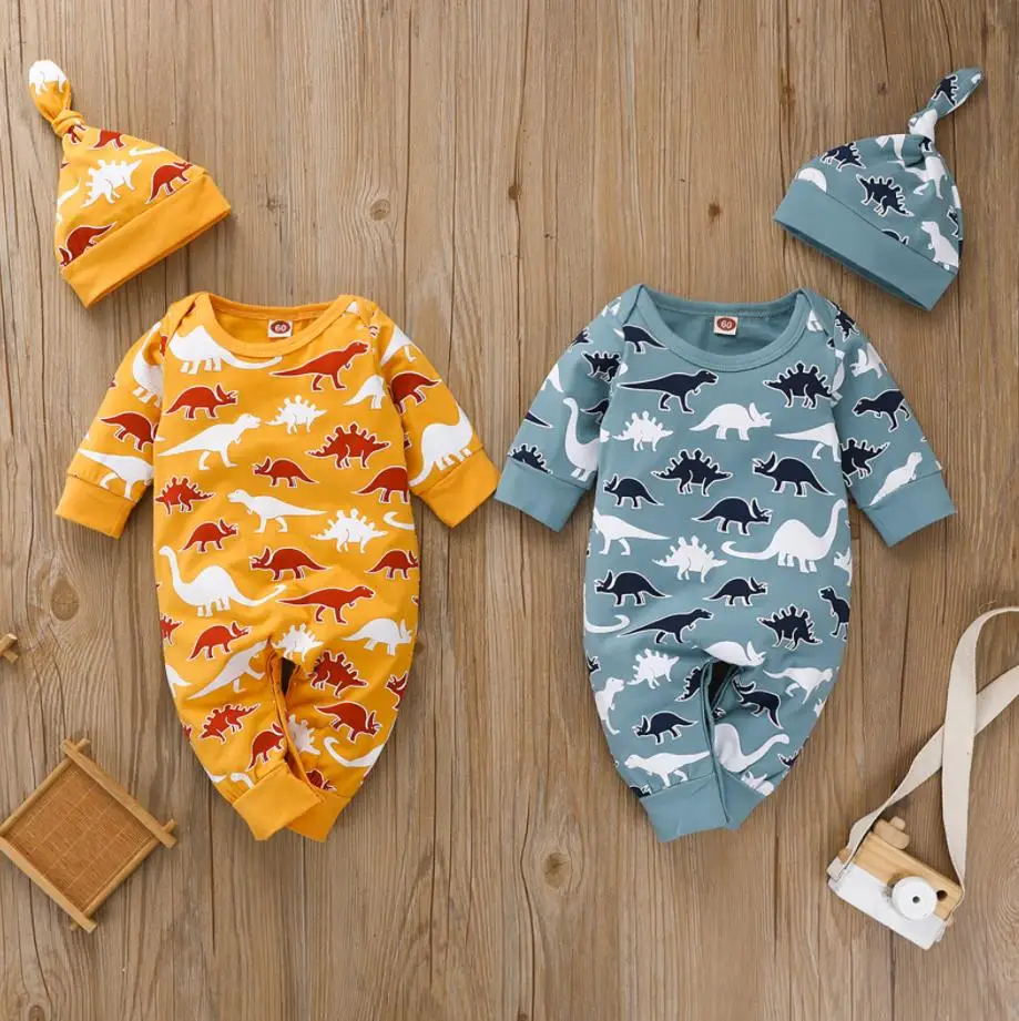 

Baby Boys Casual Clothes Dinosaur Printed Pattern Long Sleeve Romper Cap Fall Spring Boys Rompers