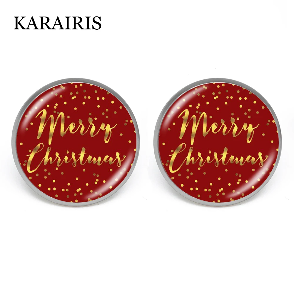

KARAIRIS Happy Christmas Earrings Glass Merry Christmas Image Cabochon Charm Stud Earrings For Women Girl Christmas Jewelry Gift