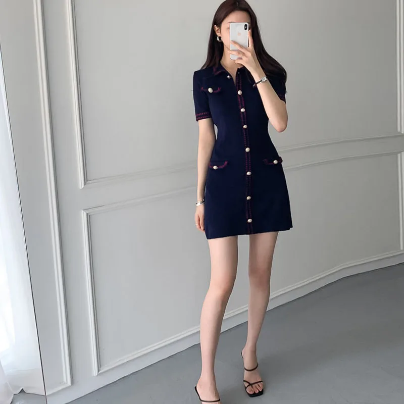 

One Piece 2021 Sexy Summer Mini Dress Women Short Sleeve Knitted Button Dress Robe Turn-Down Collar Sheath Jerk Sweater Knit Dre