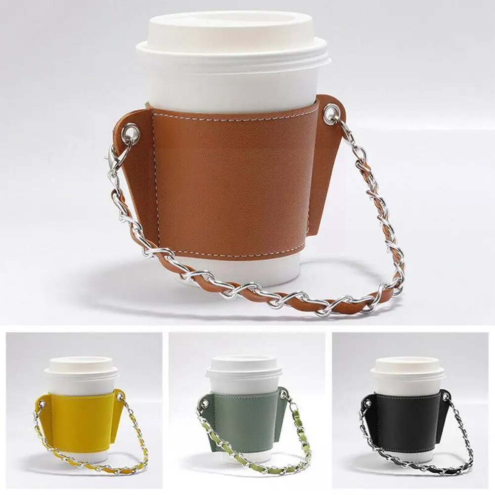 

Pu Leather Cup Holder Portable Glass Bottle Leather Eco-friendly Coffee Cup Bag Detachable Chain Bottle Cover For Trav U6f1