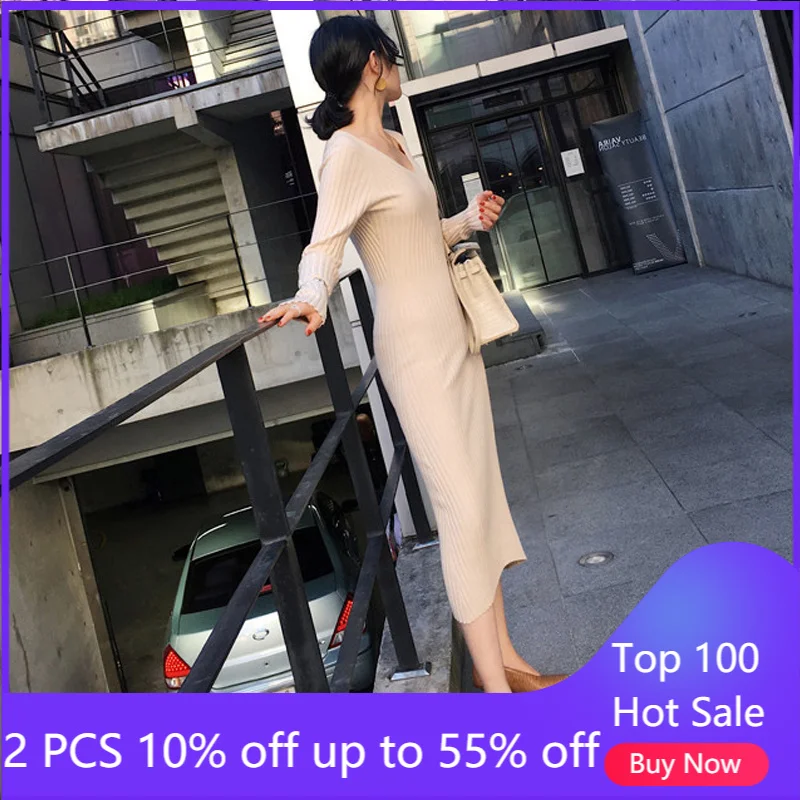 

Осень-зима 2021, облегающее базовое вязаное платье для женщин, элегантное платье-свитер выше колена с длинным рукавом и V-образным вырезом