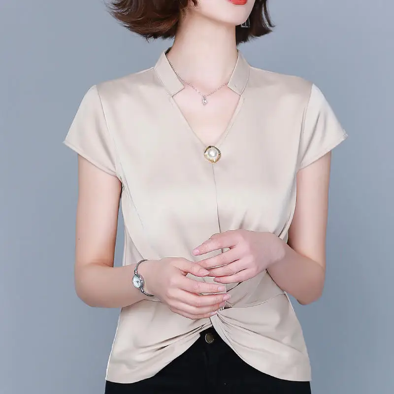 

Fashion Silk Blouse Women Elegant Casual Short Sleeve V-Neck Office Lady Tops Blusas Mujer De Moda Loose Solid Blouses XXL Q4449