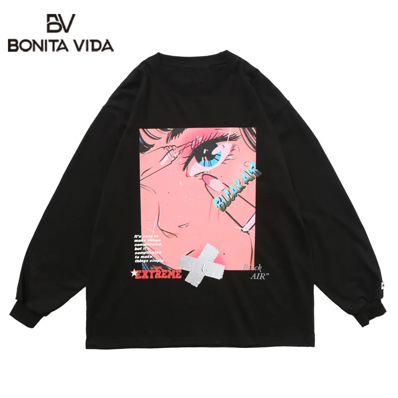 

Bonita Vida Harajuku, футболки с длинными рукавами и принтом для девочек, мужские повседневные свободные футболки в стиле хип-хоп, уличная мода, топы