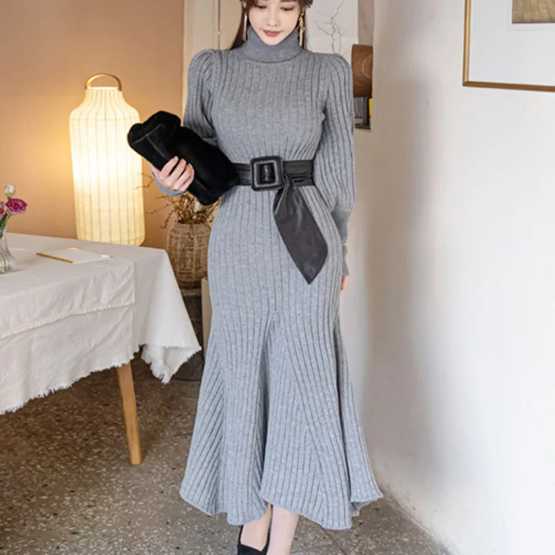 

High Quality Winter Thicken Warm Turtleneck Sweater Dress For Women Elegant Lantern Sleeve Belted Mermaid Knitting Long Dresses
