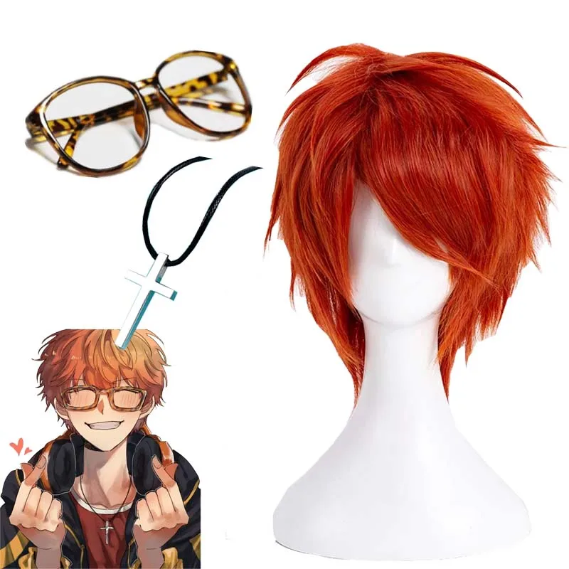 

Anime Mystic Messenger 707 Luciel Cross Necklace Pendant 5cm 707 Cosplay Wig Short Red Orange Wig Glasses Halloween Accessories