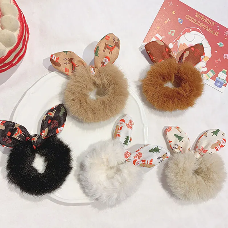 

Fluffy Faux Fur Furry Scrunchie Elastic Solid Plush Hair Rubber Bands Girls Rabbit Ear Large Intestine Hair Ring Ponytail Holder