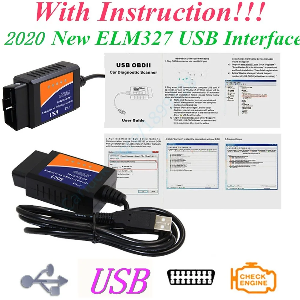 User Guide!! ELM 327 V1.5 OBD 2 ELM327 USB Interface CAN-BUS Scanner Diagnostic Tool Cable Code Support OBD-II Protocols New