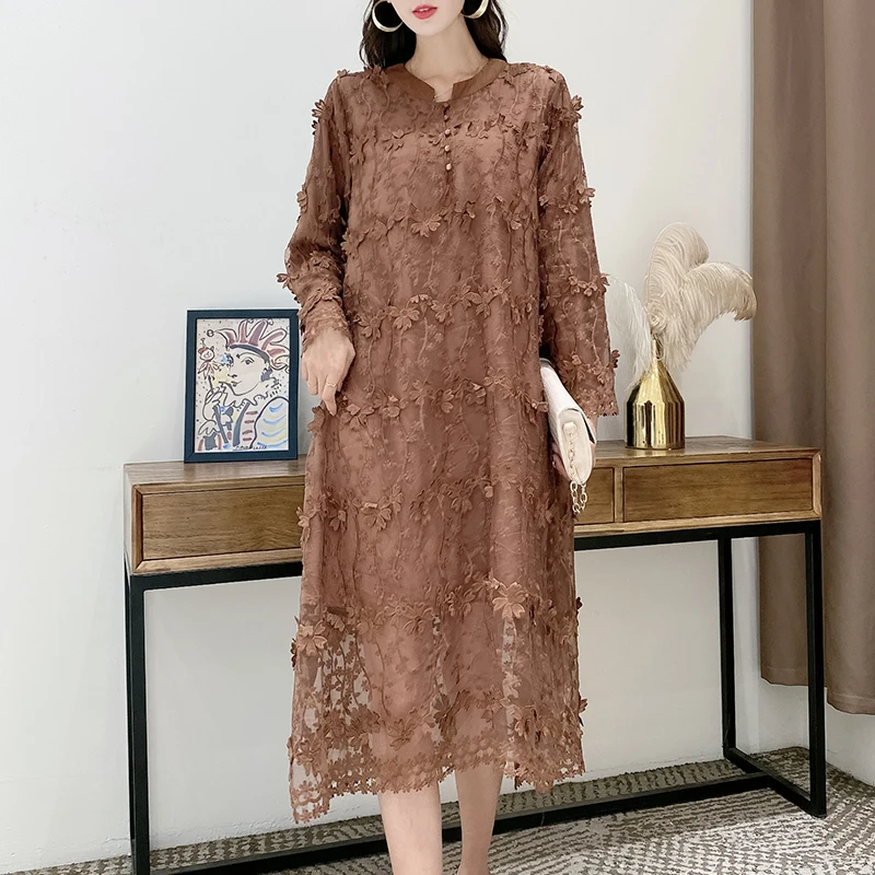 

Lady Lace Dress Long Sleeve Autumn New Plus Size Women Elegant Oversized Embroidery Loose Lace Dresses 4XL