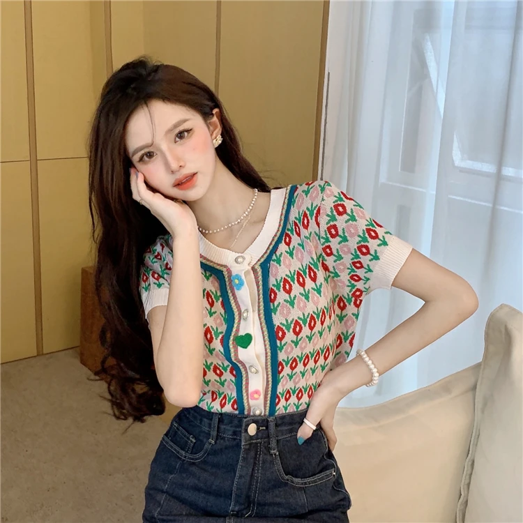 

Preppy Style Sweet Ice Silk Knitwear Runway Women 2021 Summer Floral Jacquard Knitted Sweater Single-Breasted Short Cardigan Top