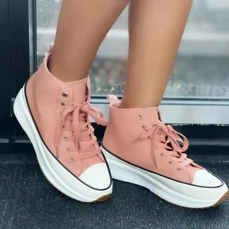 

2021 autumn and winter fashion comfortable canvas shoes lace-up fashion casual mid-upper thick-sole large women's sports shoes