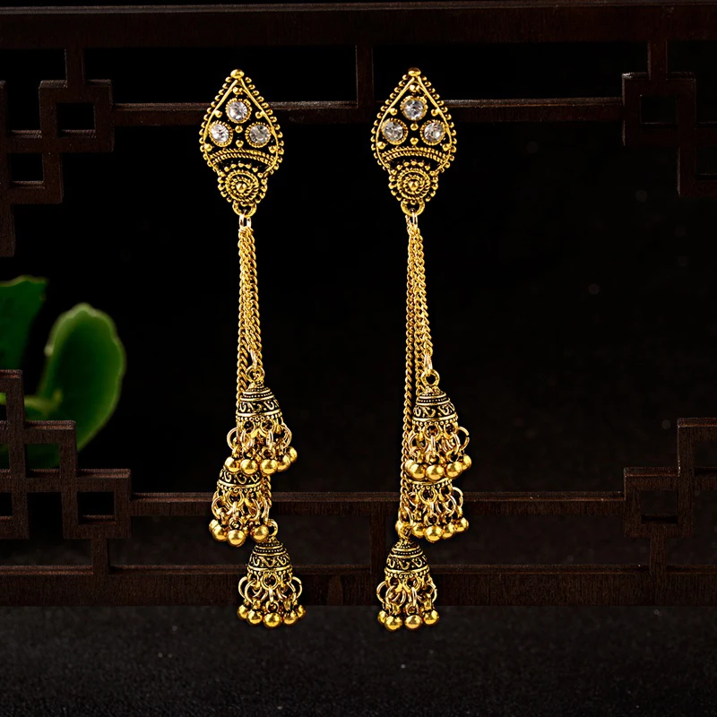 CARTER LISA этнические антикварные длинные золотые Jhumkas цыганские колокольчики Бохо