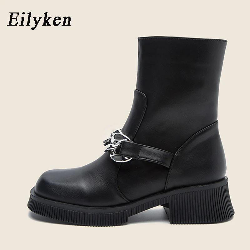 

Eilyken New Brand Non-Slip Square Heel Metal Decoration Ladies Ankle Boots Concise Zipper Winter Fashion Party Modern Shoes