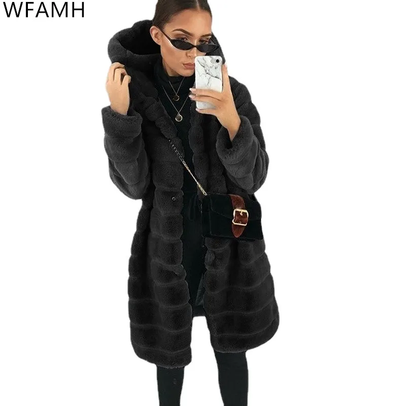 2021 Autumn/winter New Fashion Imitation Fur Imitation Mink Long Hooded Mid-length Straight Straight Fur Coat Women's Clothing