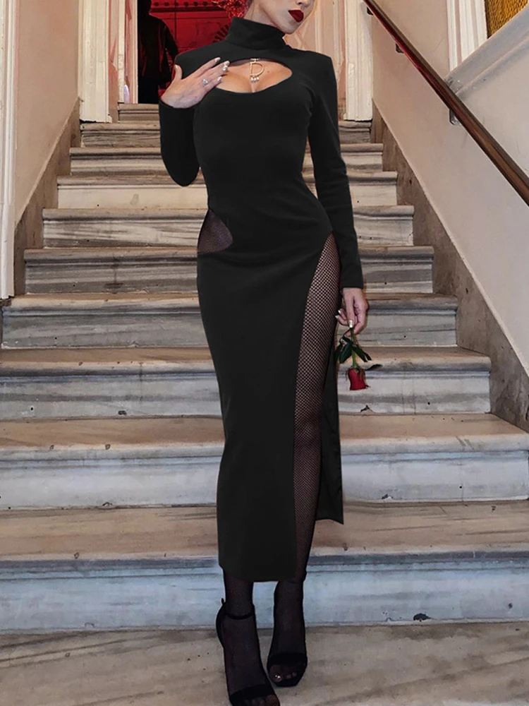 

Cozok Goth Vintage Black Hollow Out Dress Aesthetic Velvet Long Sleeve Split Boycon Long Dresses Elegant Women Partywear Dress