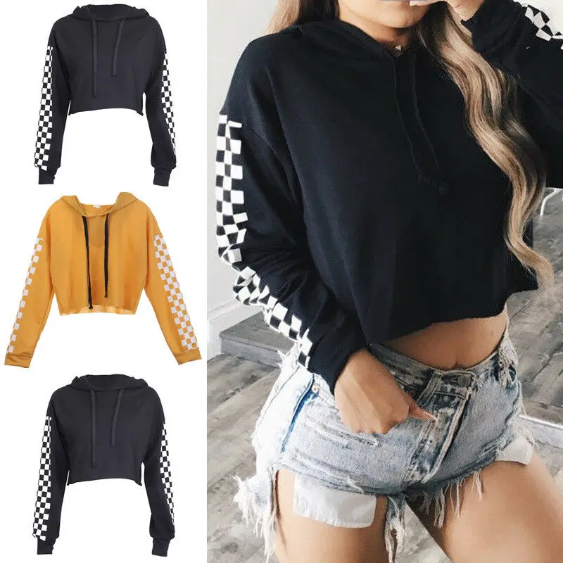 

Goocheer New Women Hoodie Long Sleeve Loose Black Sweatshirts Women Tracksuits Tops Plaid Hooded Hoodies Autumn Sweatshirt