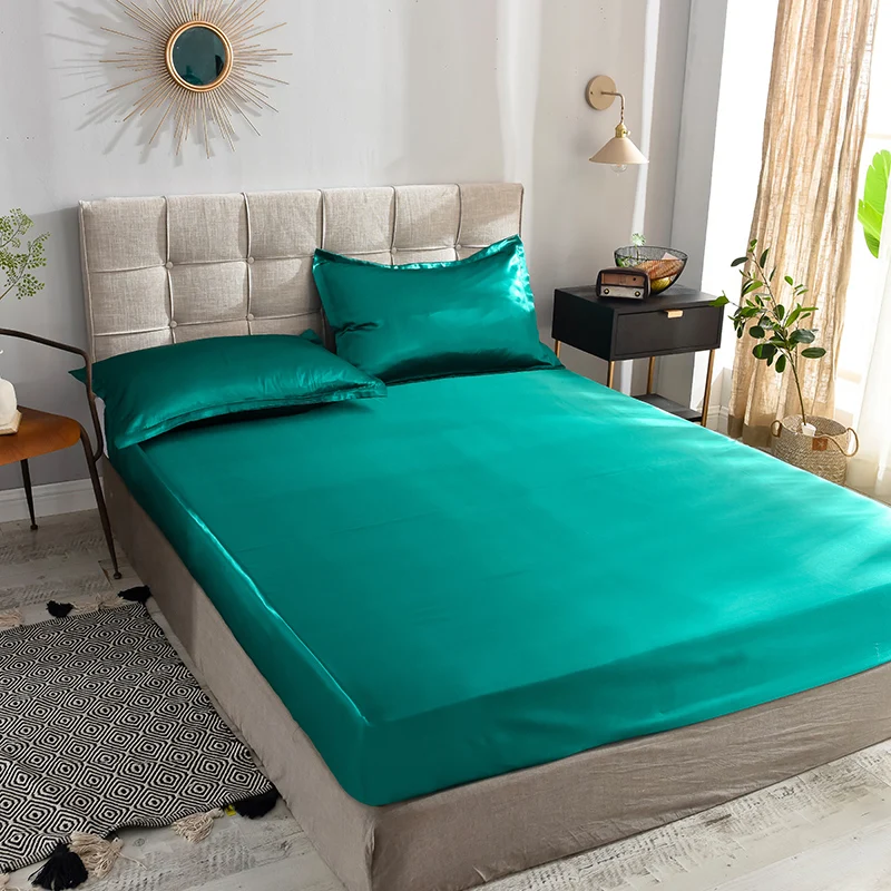

Liv-Esthete 1PCS Luxury Fitted Sheet Satin Silk Double Single Mattress Cover Bed Sheet On Elastic Band Adult Rubber Band Sheet