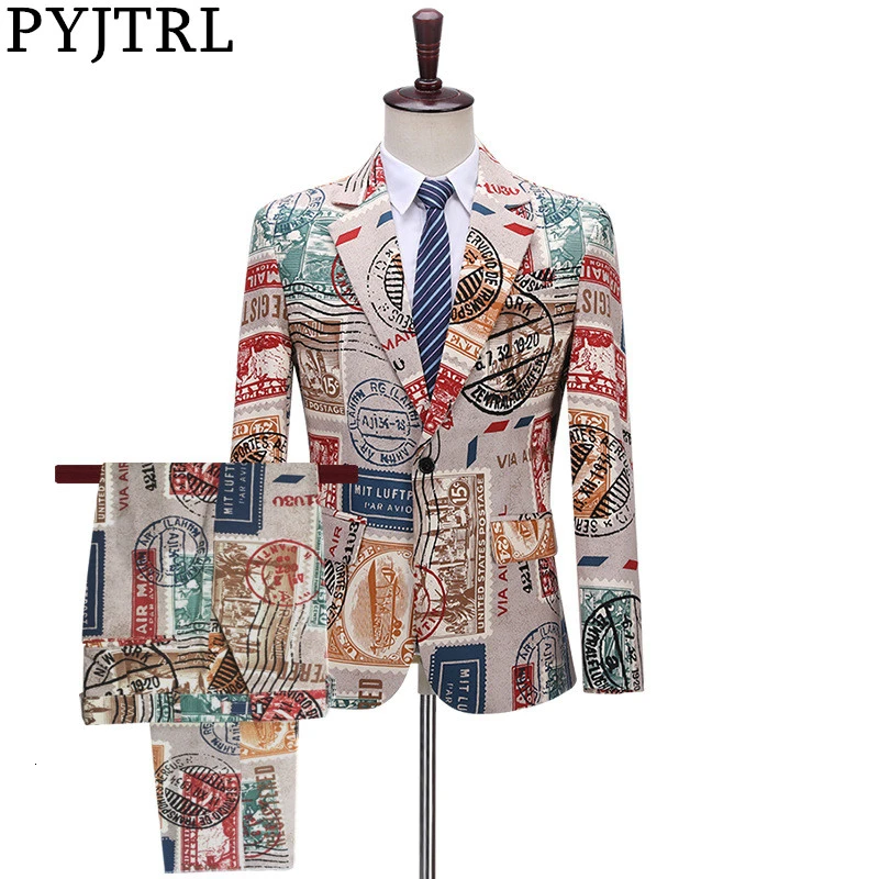 PYJTRL, Мужской винтажный комплект из двух предметов, костюмы, бумажный штамп с принтом, для ночных клубов, певцов, выпускных, вечерние, смокинг, последние модели пальто и штанов