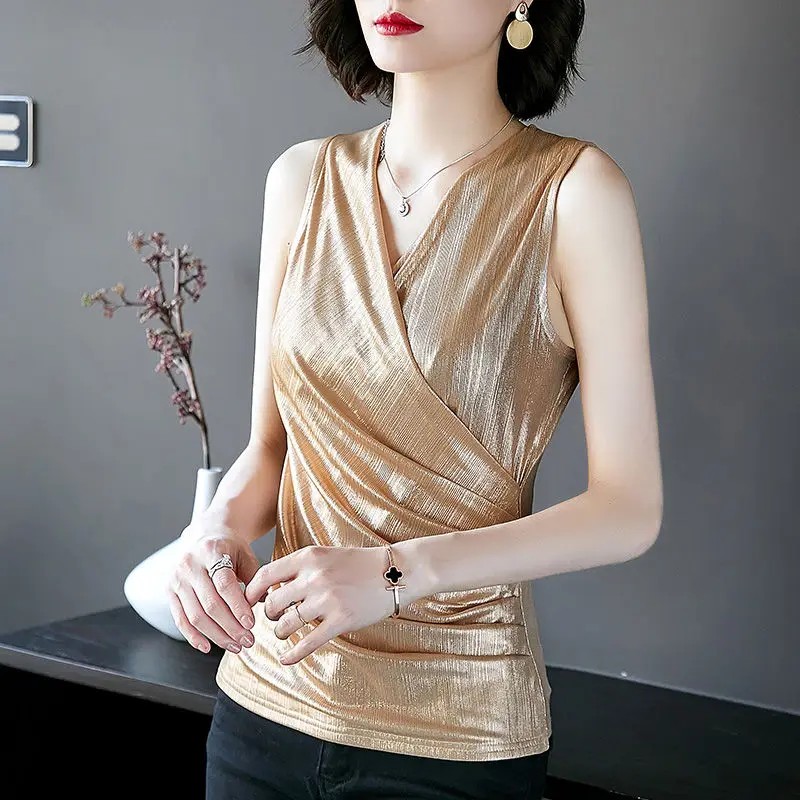 Женская Блестящая шелковая майка без рукавов однотонная плиссированная кофта с