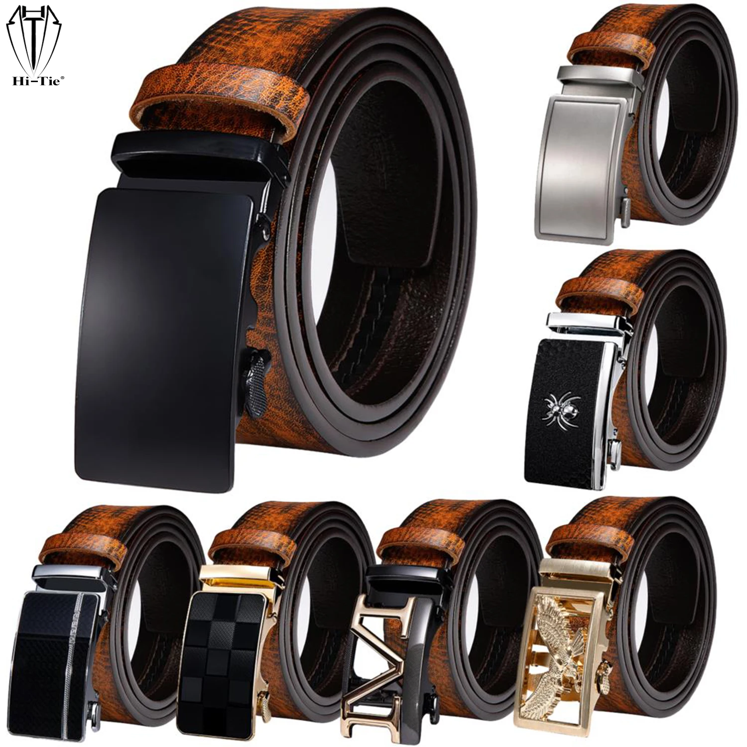 

Hi-Tie 50 Kinds Tan Brown Genuine Leather Mens Belts for Man Alloy Automatic Buckles Ratchet Waistband Dress Jeans Straps Italy