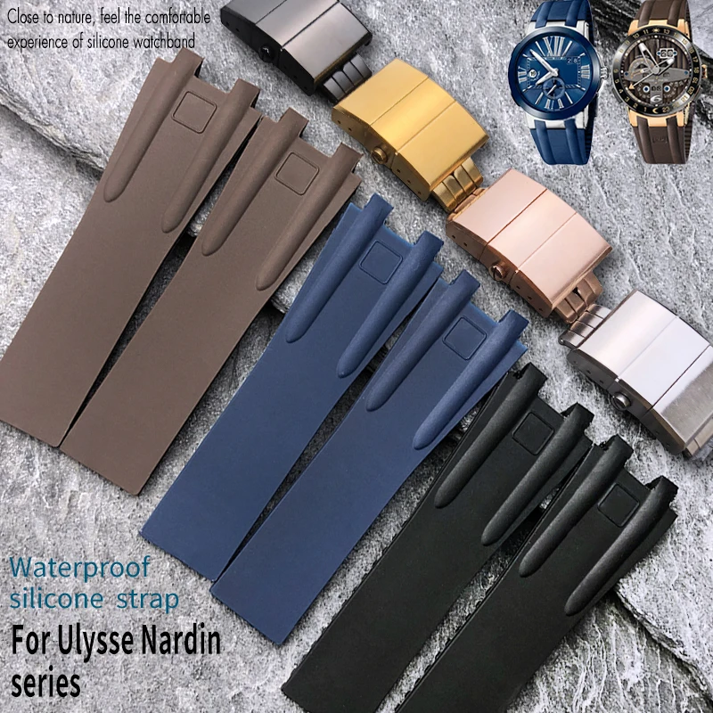 

26mm * 20mm Silicone Rubber Watch Band Fit for Ulysse Nardin Black Blue Brown Waterproof Strap Steel Folding Buckle Wrist Tools