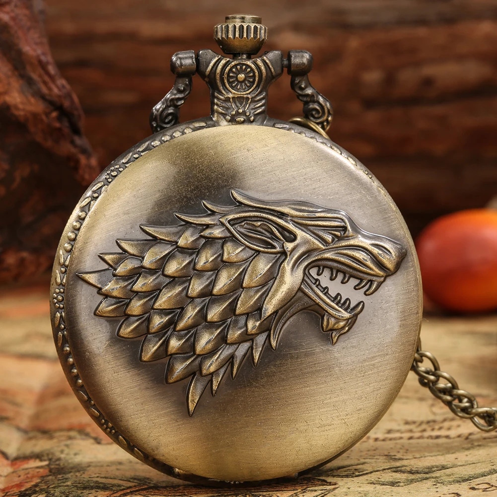 Reloj de bolsillo grande de bronce Icefield Wolf, pantalla de cadena fina, reloj de bolsillo de cuarzo Vintage, cadena de collar, reloj de bolsillo exquisito, regalo
