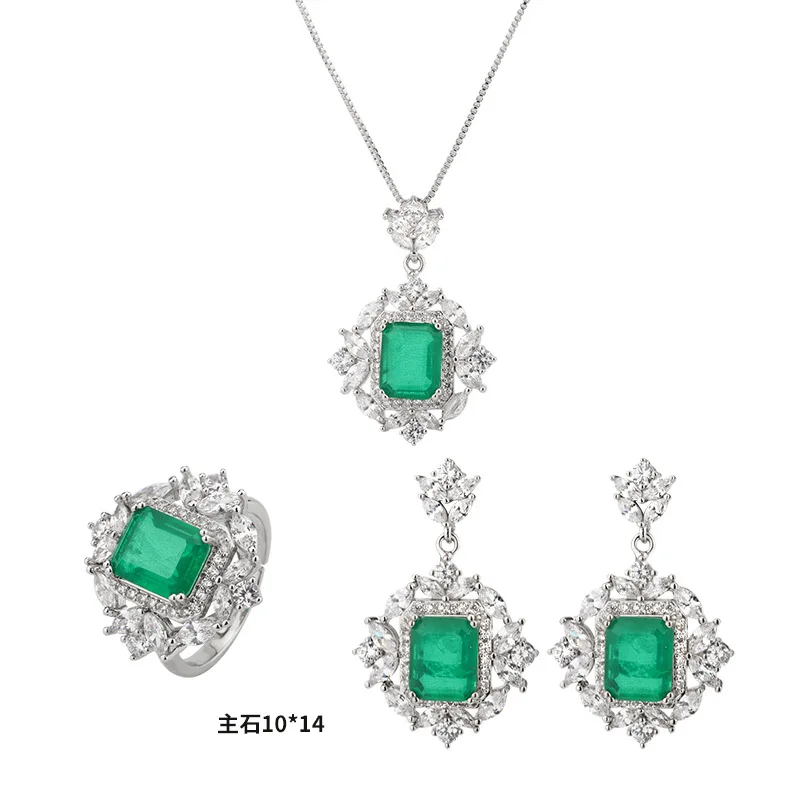 

Women Jewelry Set S925 Silver Needle Simulation Emerald Color Treasure Retro Earrings Ring Pendant Three-piece Wholesale