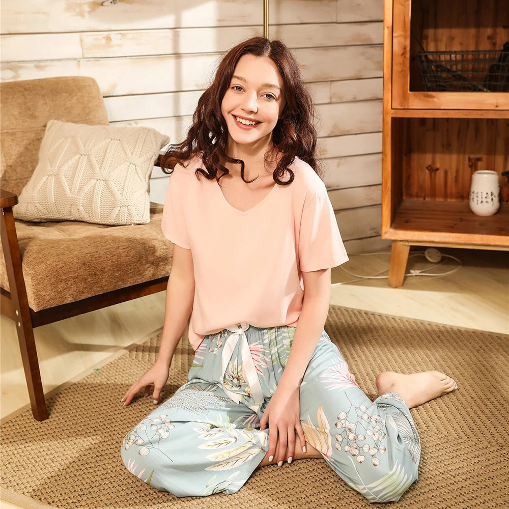 

2021 Spring Summer Women Pajama Sets Short Sleeve Sleep Tops Bowknot Elastic Long Trouser Suits Casual Thin Sleepwear Loungewear