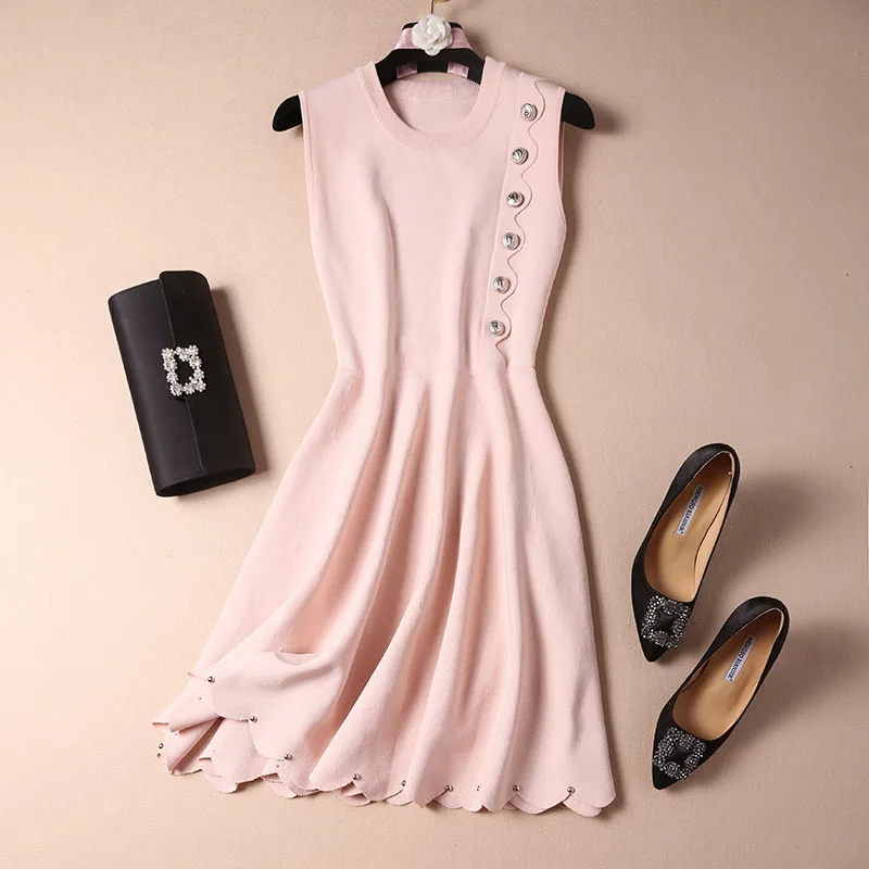 Платье Свитер женское модное милое с золотыми кнопками спереди вязанное без