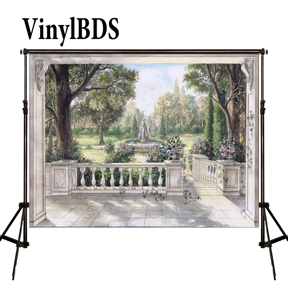 VinylBDS 5x7ft Весенний сад фон ретро фонтан белые перила Европейский стиль картина