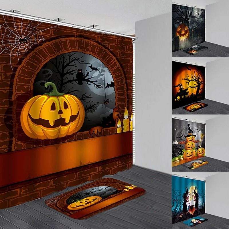 Водонепроницаемая занавеска для душа в виде тыквы на Хэллоуин Противоскользящие