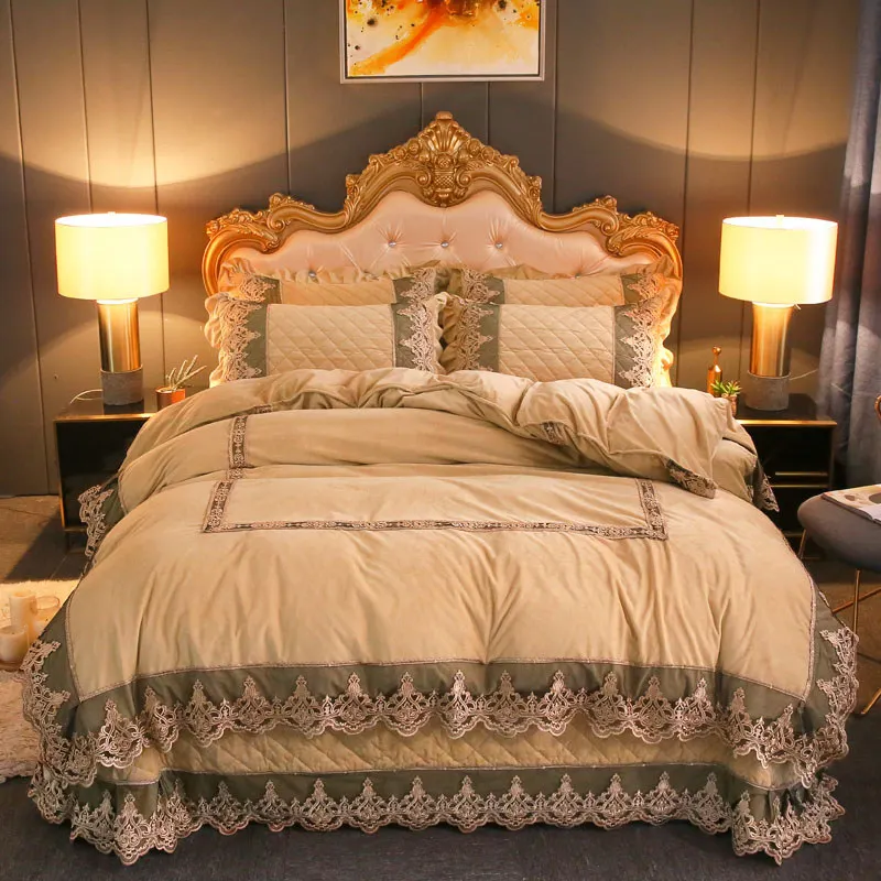 

Lace Velvet Duvet Cover Set Winter Queen King Luxury Double Bed 220x240 European Quilt Cover Solid Color with 2 Pillowcases Warm